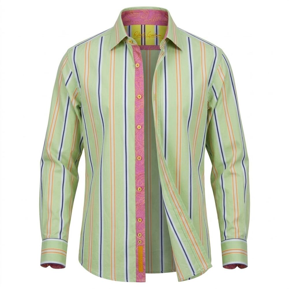 Robert Graham Green Striped Contrast Paisley Shirt Men See Measurements